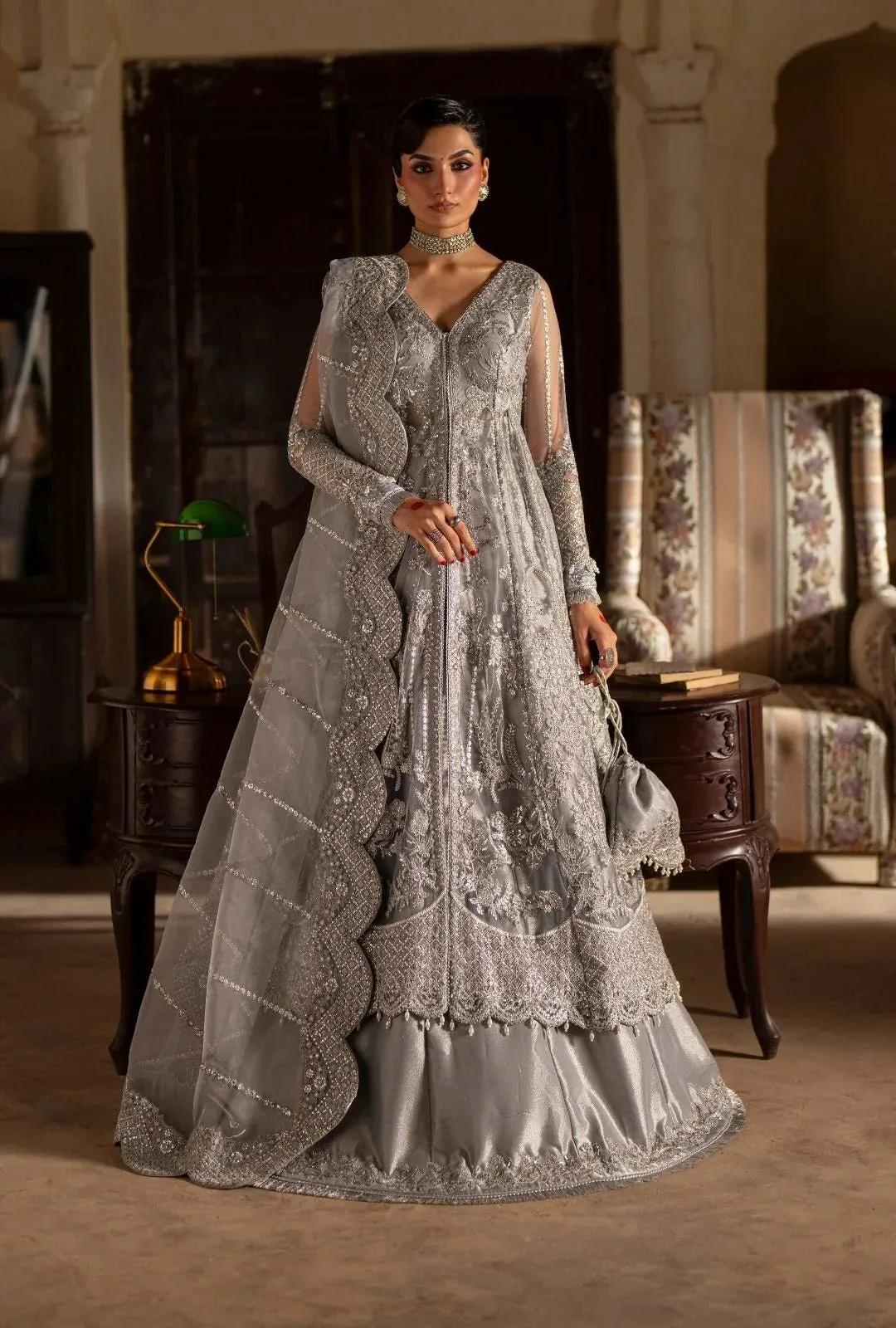 AJR Couture Dastan e Ishq Silver Organza – view 1 – Poshaq