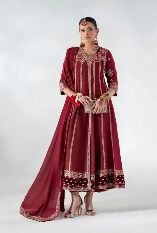 AJR Couture Luxe Pret 25 Maroon Raw Silk – view 1 – Poshaq
