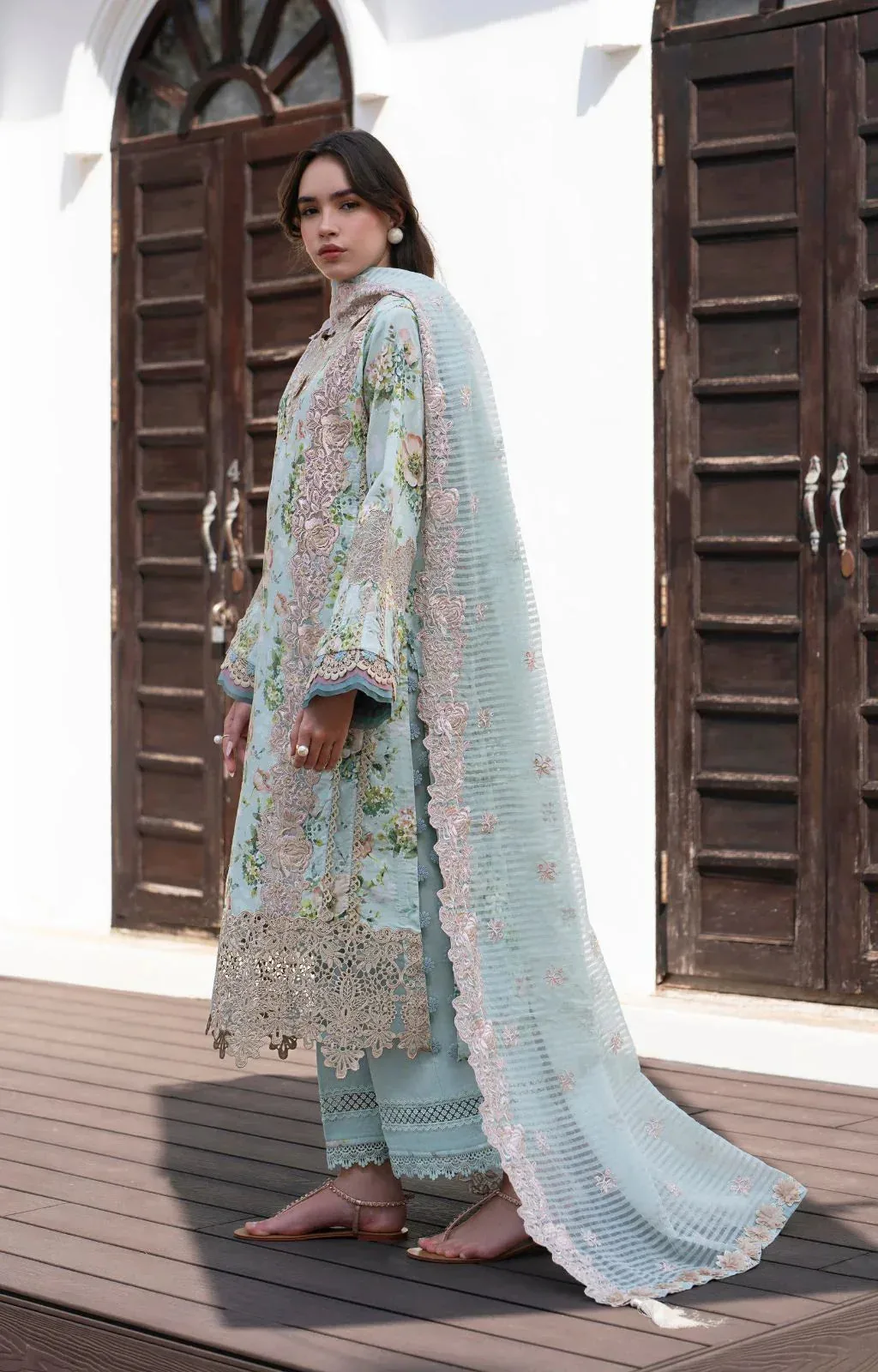 AJR Couture Printakari Lawn 25 Aqua Organza – view 4 – Poshaq
