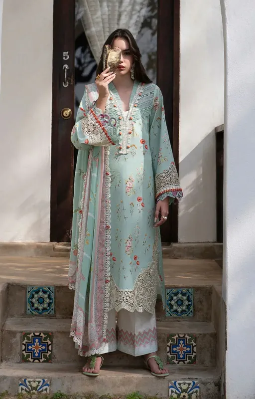 AJR Couture Printakari Lawn 25 Aqua Chiffon – view 1 – Poshaq