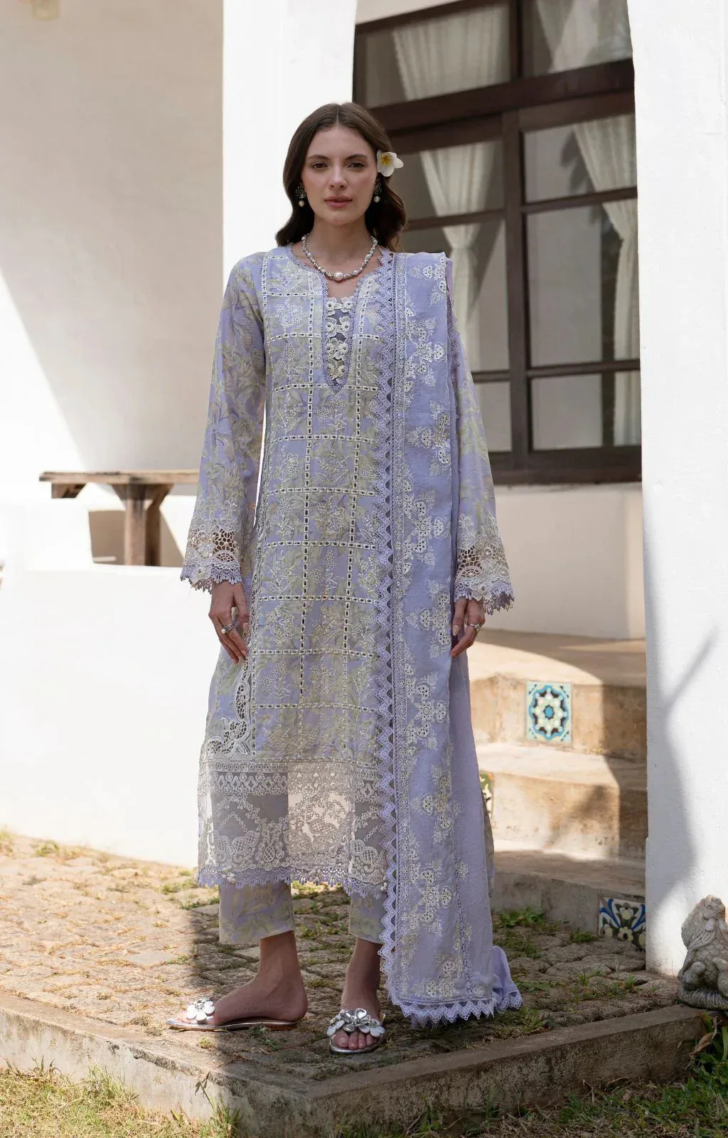 AJR Couture Printakari Lawn 25 Light Lavender Organza – view 1 – Poshaq