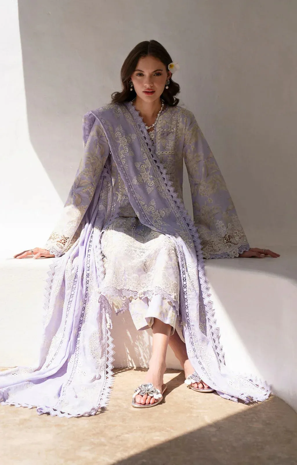 AJR Couture Printakari Lawn 25 Light Lavender Organza – view 5 – Poshaq