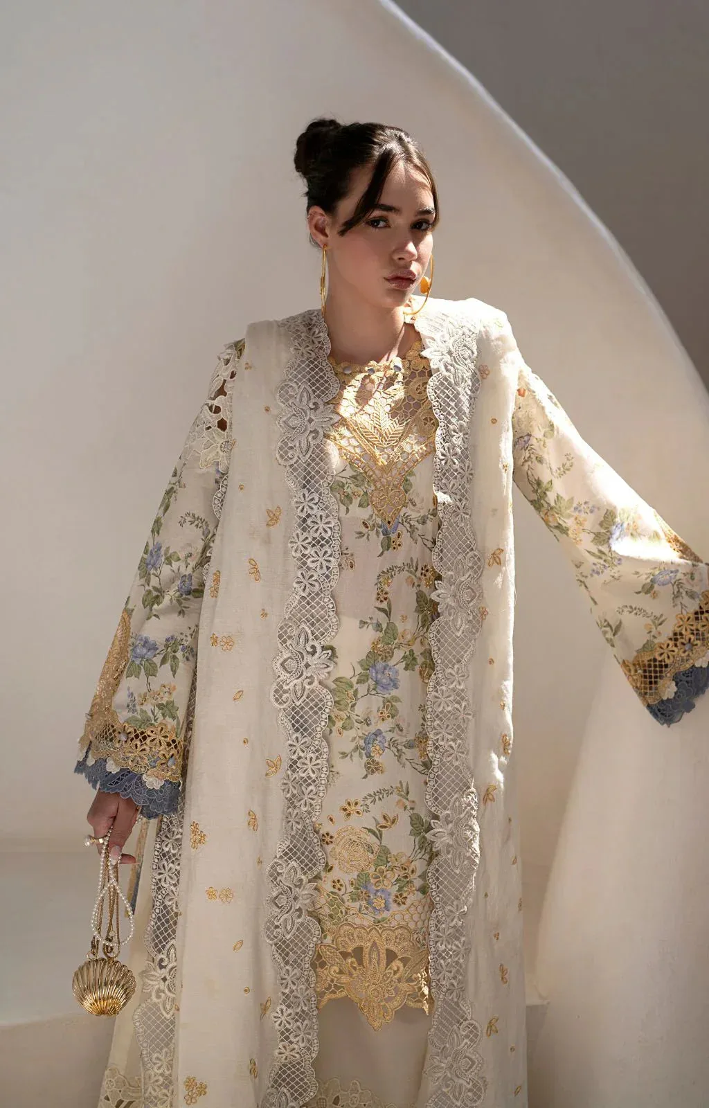 AJR Couture Printakari Lawn 25 Off White Organza – view 3 – Poshaq