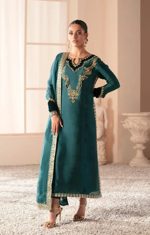 AJR Couture Symphony Luxe Festive 25 Teal Green Raw Silk – view 1 – Poshaq