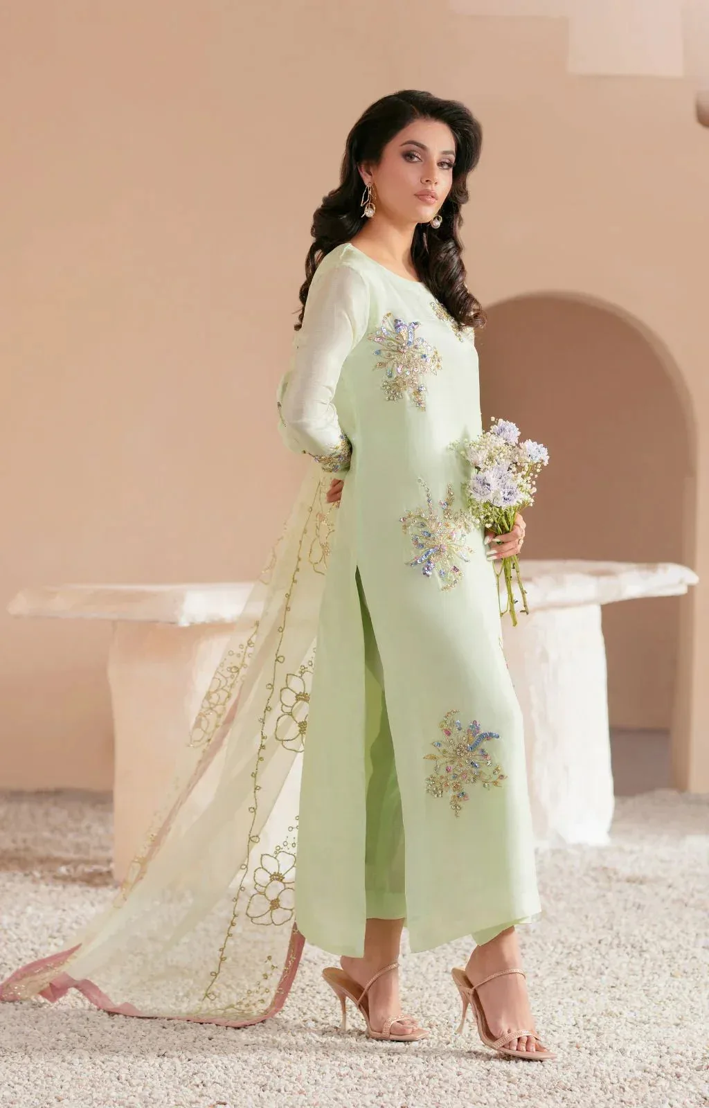 AJR Couture Symphony Luxe Festive 25 Mint Green Organza – view 2 – Poshaq