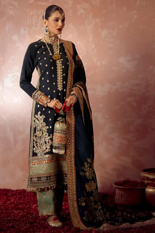 AJR Couture Mushk The Silk Edit Navy Blue Raw Silk – view 1 – Poshaq