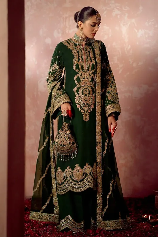 AJR Couture Mushk The Silk Edit Bottle Green Raw Silk – view 1 – Poshaq