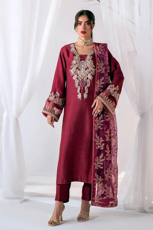 AJR Couture Luxe Pret Eid Drop Maroon Raw Silk – view 1 – Poshaq