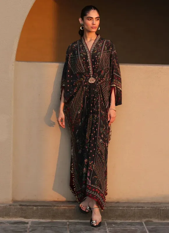 Farah Talib Aziz Laani The Kaftan Edit Black Crepe – view 1 – Poshaq