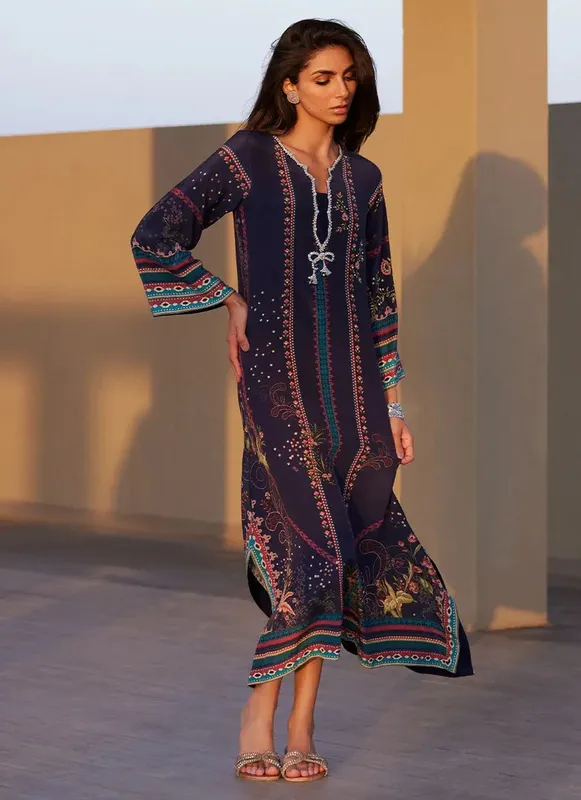 Farah Talib Aziz Laani The Kaftan Edit Navy Blue Crepe – view 1 – Poshaq