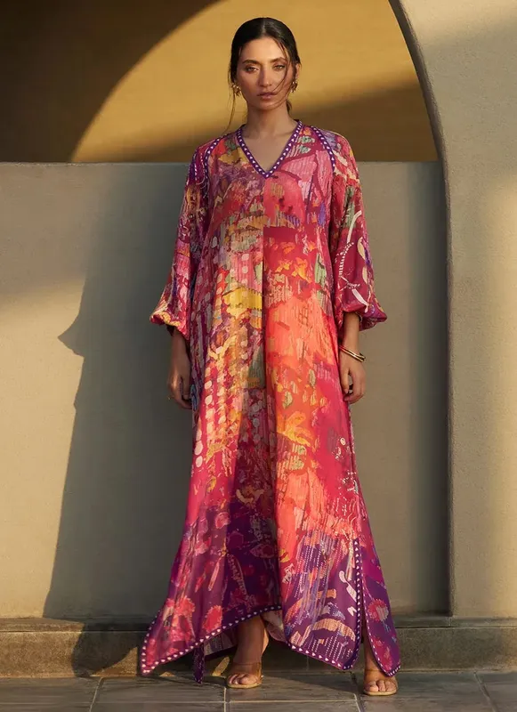 Farah Talib Aziz Laani The Kaftan Edit Magenta Crepe – view 1 – Poshaq