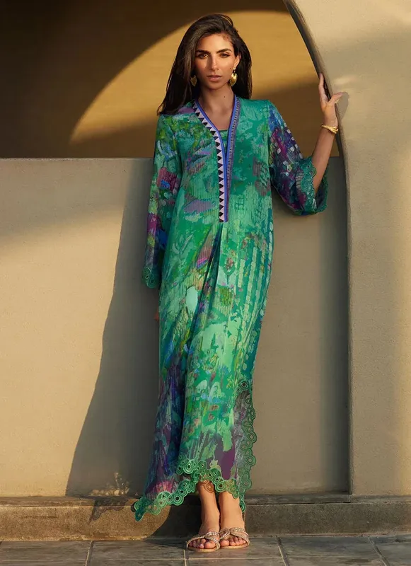 Farah Talib Aziz Laani The Kaftan Edit Emerald Green Crepe – view 1 – Poshaq