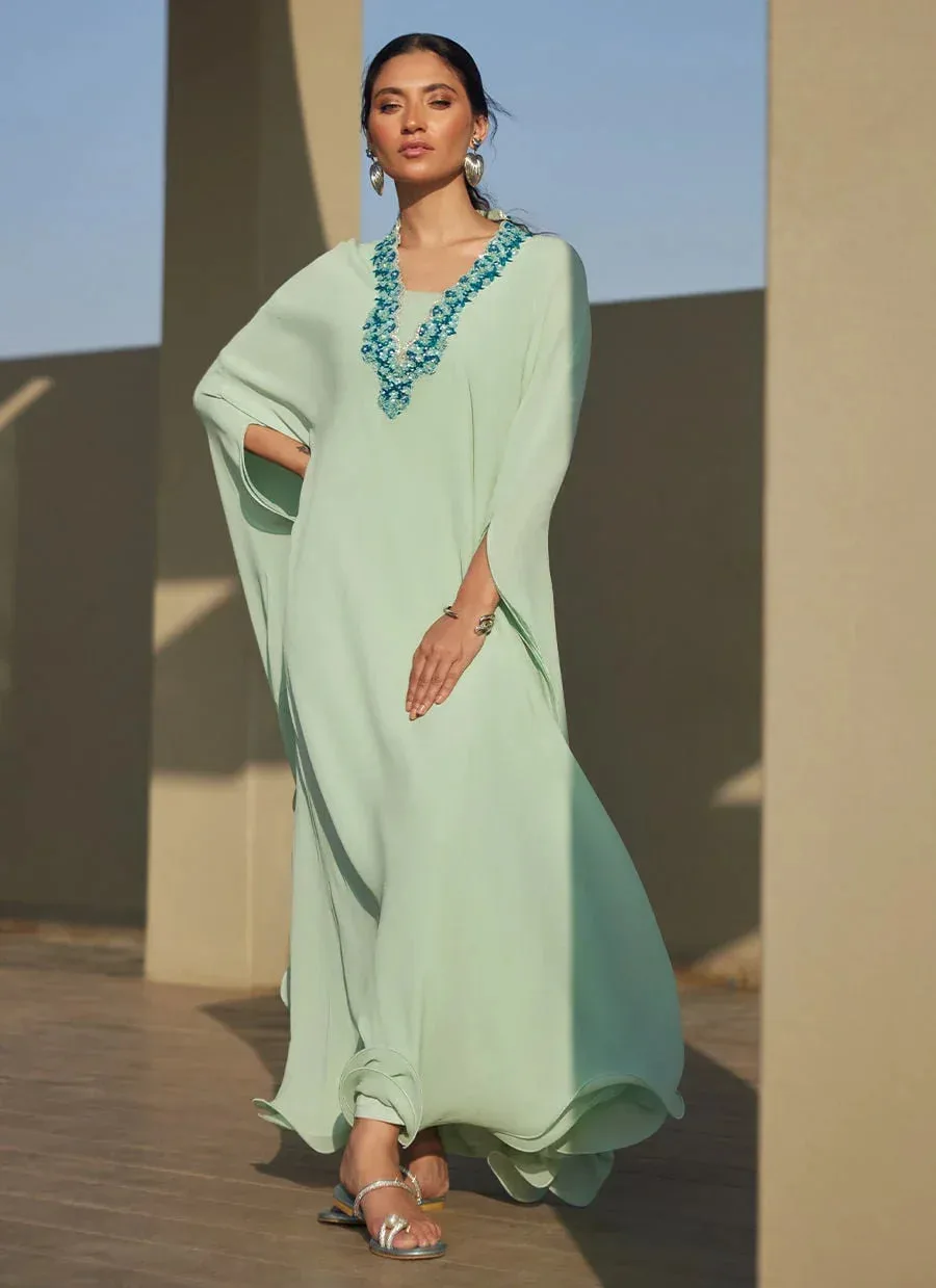 Farah Talib Aziz Laani The Kaftan Edit Ice Blue Raw Silk – view 1 – Poshaq