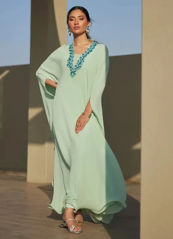 Farah Talib Aziz Laani The Kaftan Edit Ice Blue Raw Silk – view 1 – Poshaq