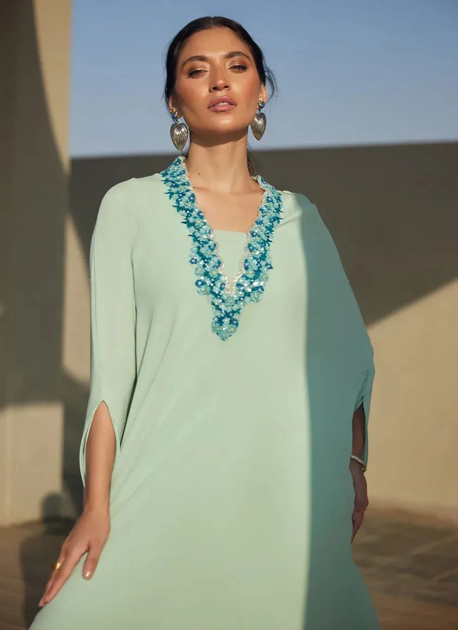 Farah Talib Aziz Laani The Kaftan Edit Ice Blue Raw Silk – view 3 – Poshaq