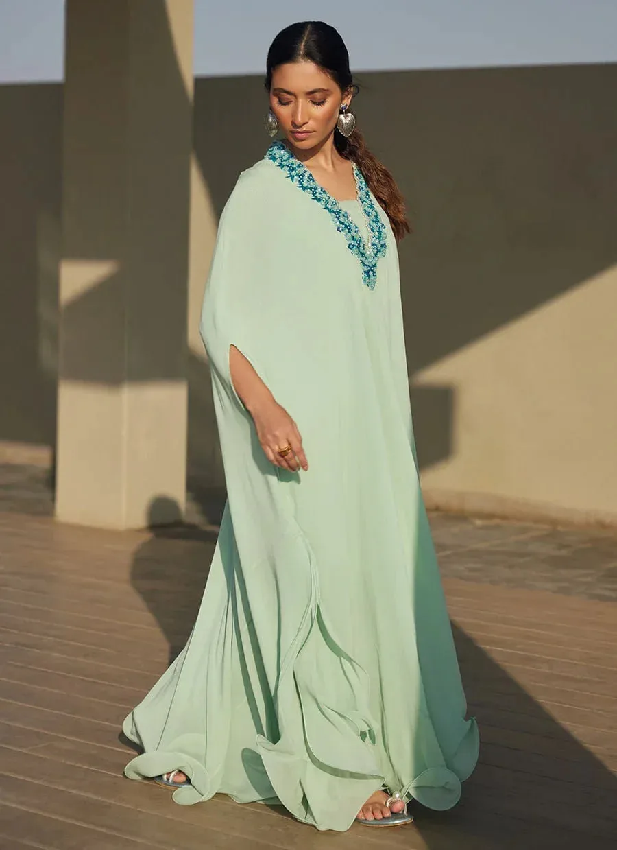 Farah Talib Aziz Laani The Kaftan Edit Ice Blue Raw Silk – view 5 – Poshaq
