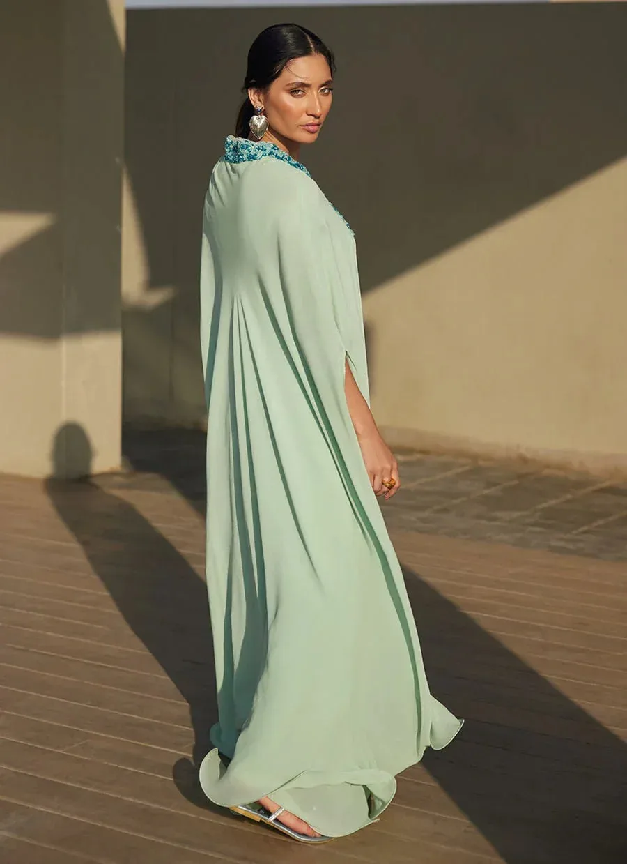 Farah Talib Aziz Laani The Kaftan Edit Ice Blue Raw Silk – view 6 – Poshaq