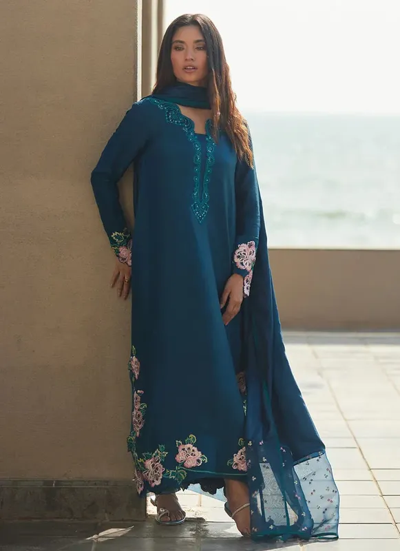 Farah Talib Aziz Laani The Kaftan Edit Teal Blue Raw Silk – view 1 – Poshaq