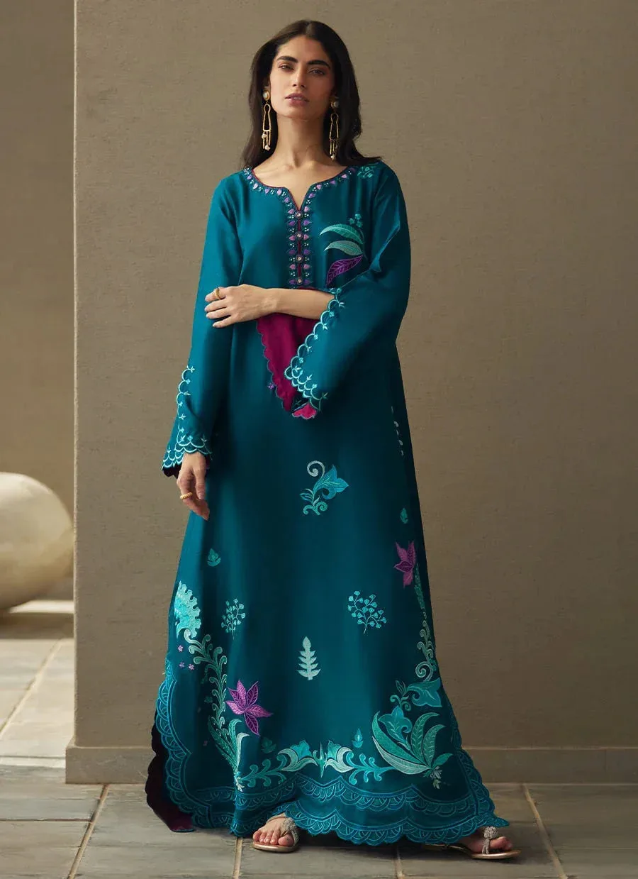 Farah Talib Aziz Laani The Kaftan Edit Teal Green Raw Silk – view 1 – Poshaq