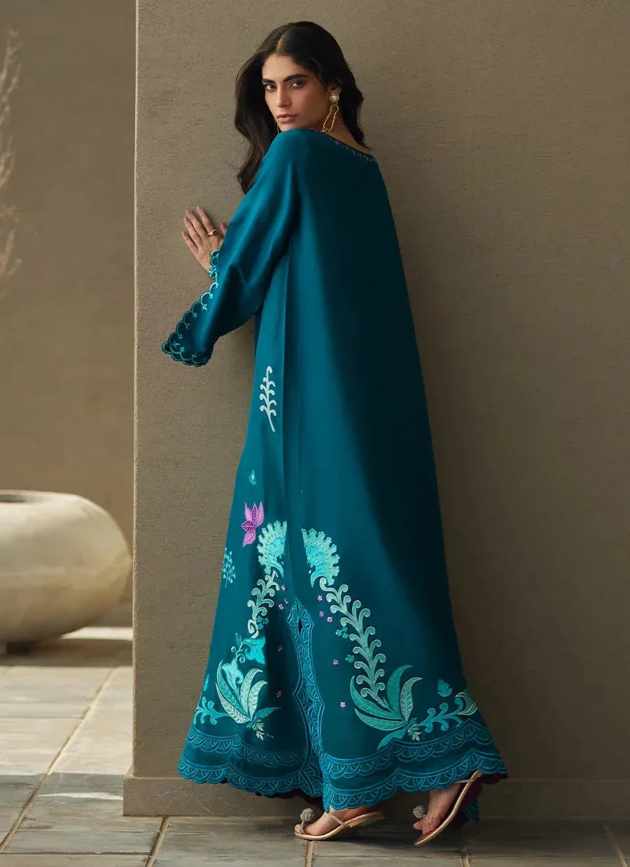 Farah Talib Aziz Laani The Kaftan Edit Teal Green Raw Silk – view 2 – Poshaq