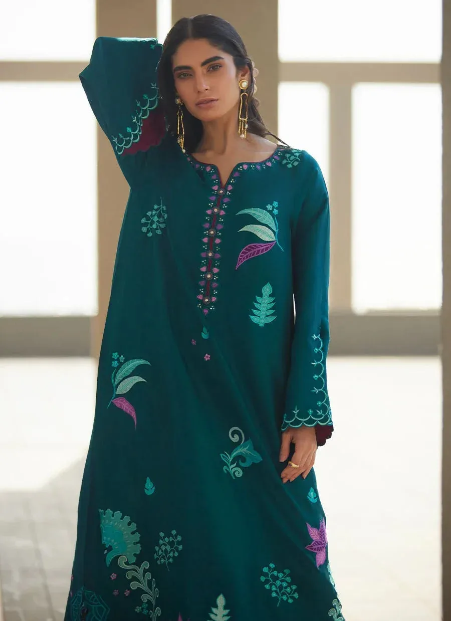 Farah Talib Aziz Laani The Kaftan Edit Teal Green Raw Silk – view 3 – Poshaq
