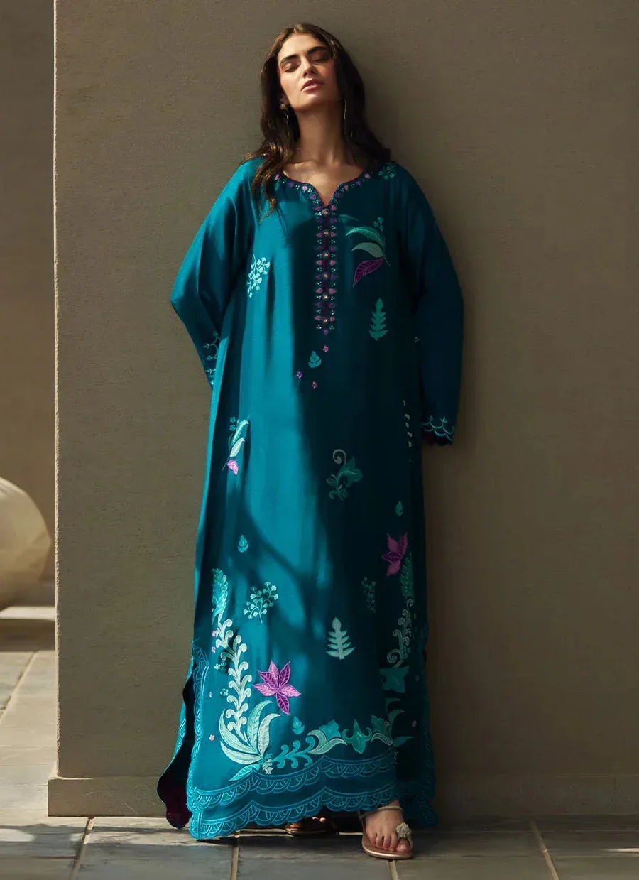 Farah Talib Aziz Laani The Kaftan Edit Teal Green Raw Silk – view 5 – Poshaq