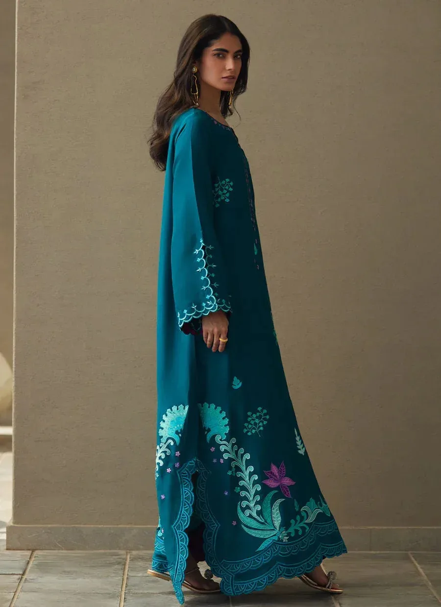 Farah Talib Aziz Laani The Kaftan Edit Teal Green Raw Silk – view 6 – Poshaq