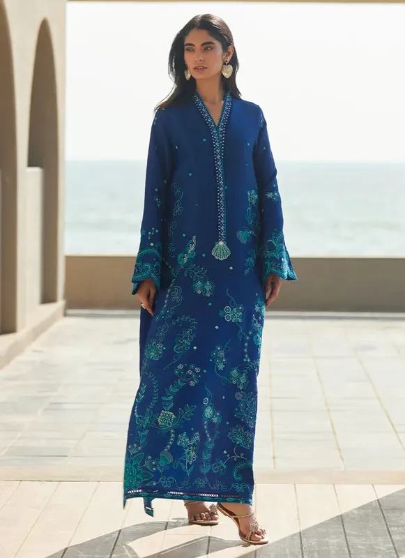 Farah Talib Aziz Laani The Kaftan Edit Ink Blue Raw Silk – view 1 – Poshaq