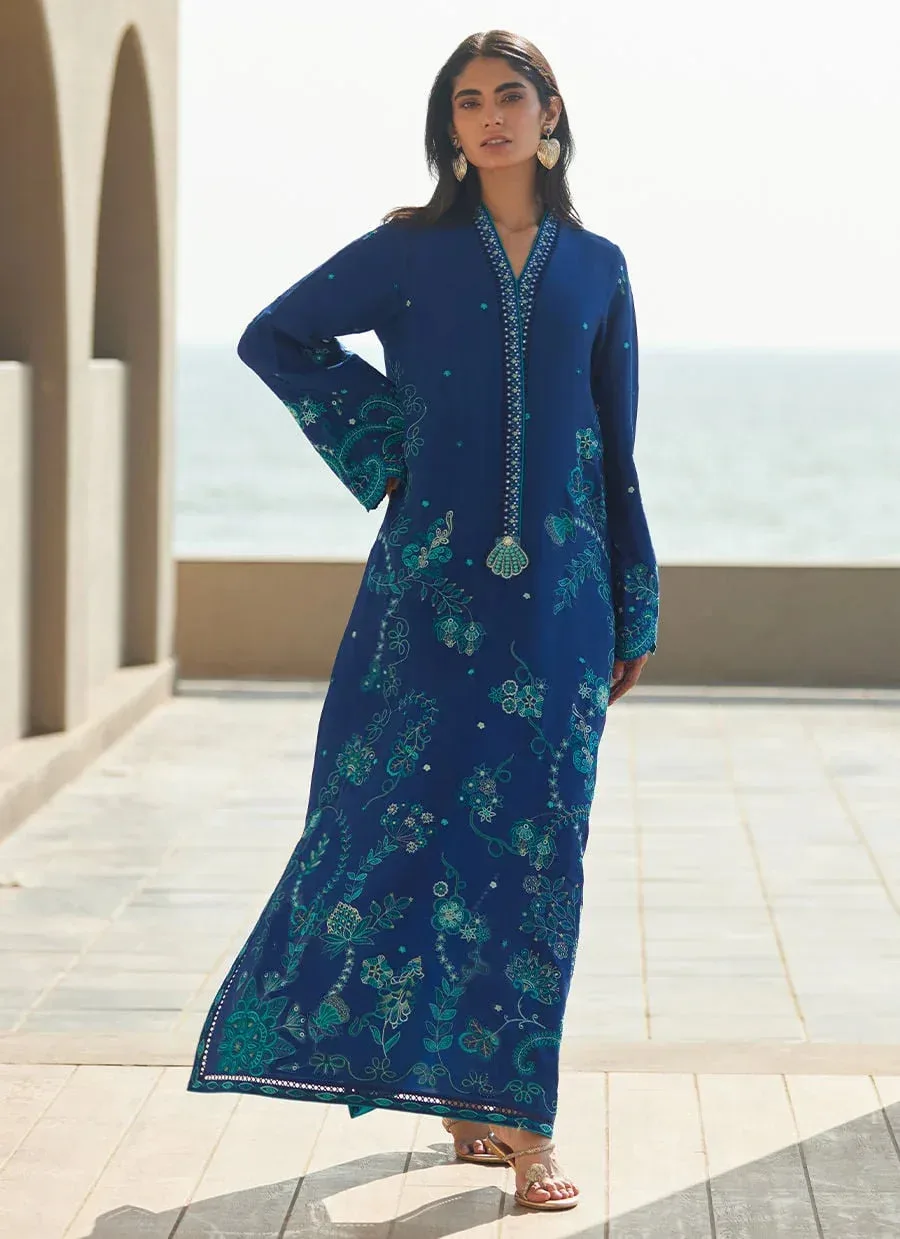 Farah Talib Aziz Laani The Kaftan Edit Ink Blue Raw Silk – view 4 – Poshaq