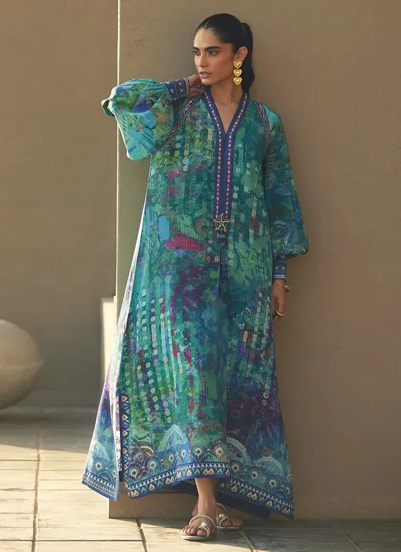 Farah Talib Aziz Laani The Kaftan Edit Emerald Green Raw Silk – view 1 – Poshaq