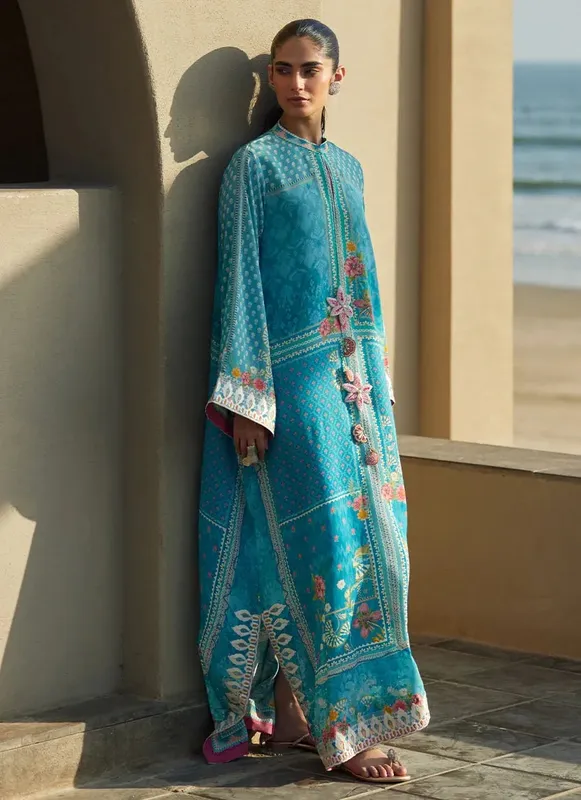 Farah Talib Aziz Laani The Kaftan Edit Sky Blue Crepe – view 1 – Poshaq