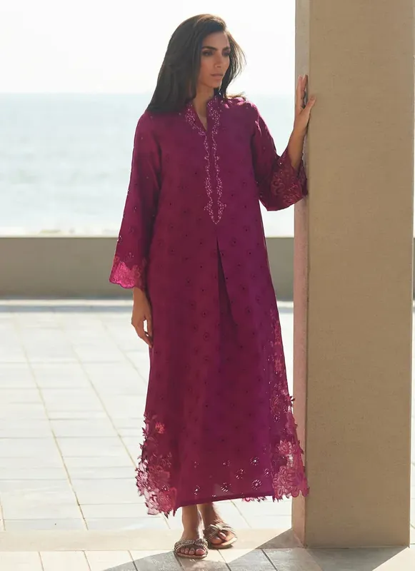 Farah Talib Aziz Laani The Kaftan Edit Magenta Raw Silk – view 1 – Poshaq