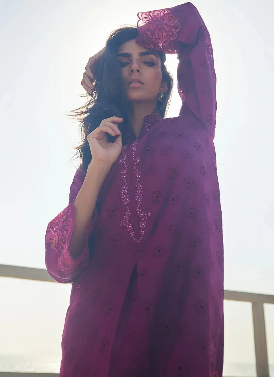 Farah Talib Aziz Laani The Kaftan Edit Magenta Raw Silk – view 4 – Poshaq