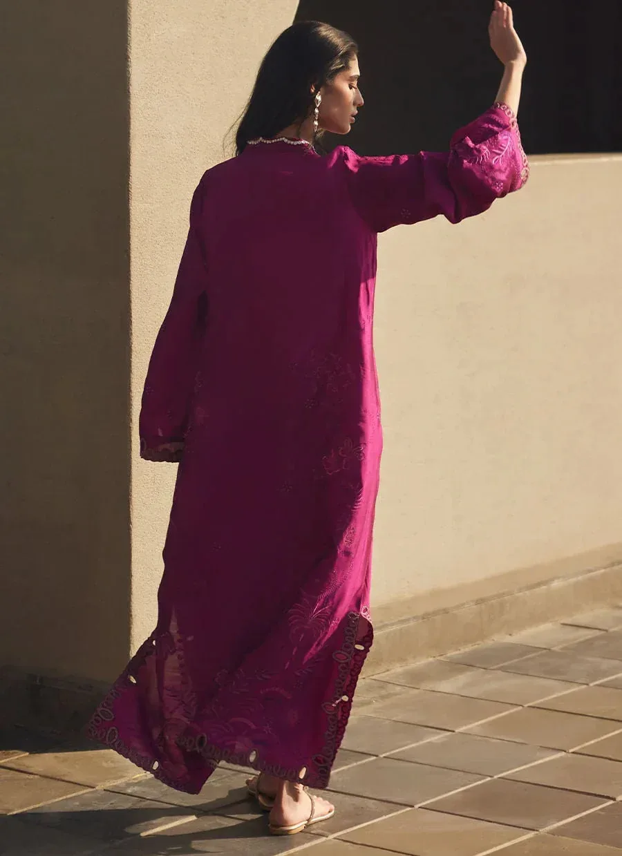 Farah Talib Aziz Laani The Kaftan Edit Magenta Raw Silk – view 2 – Poshaq