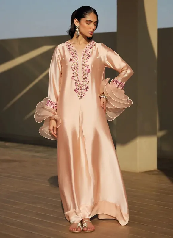 Farah Talib Aziz Laani The Kaftan Edit Skin Raw Silk – view 1 – Poshaq