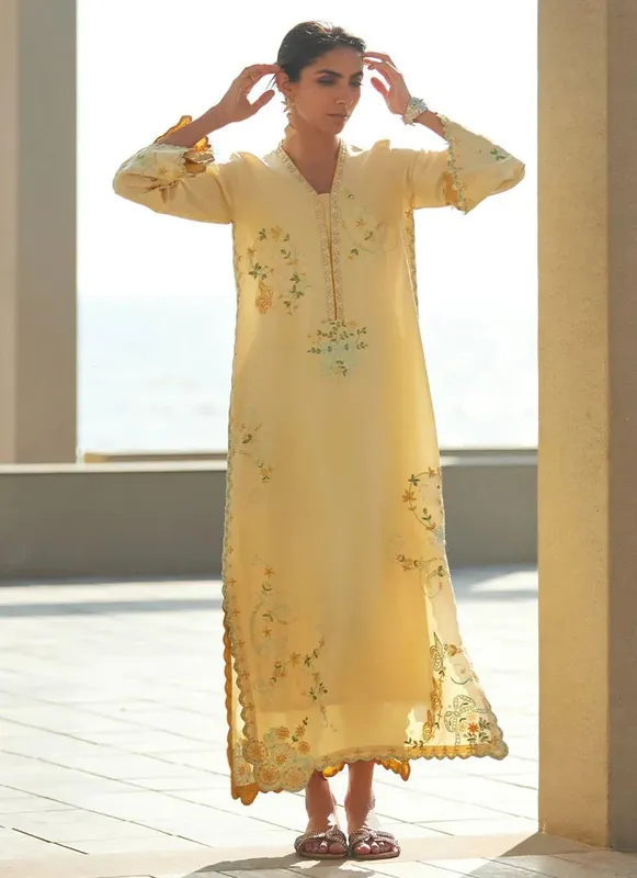 Farah Talib Aziz Laani The Kaftan Edit Pale Yellow Raw Silk – view 1 – Poshaq