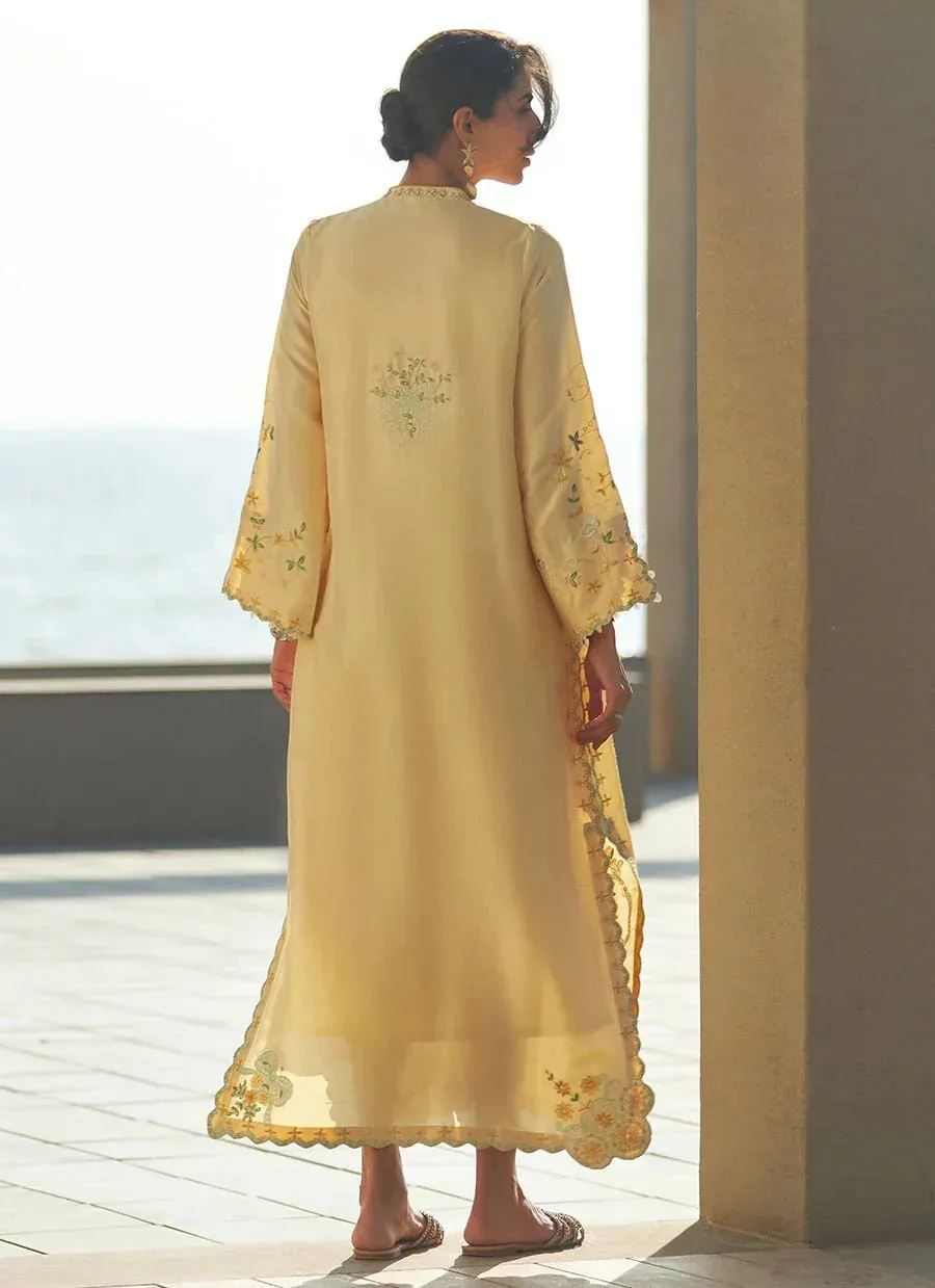 Farah Talib Aziz Laani The Kaftan Edit Pale Yellow Raw Silk – view 2 – Poshaq