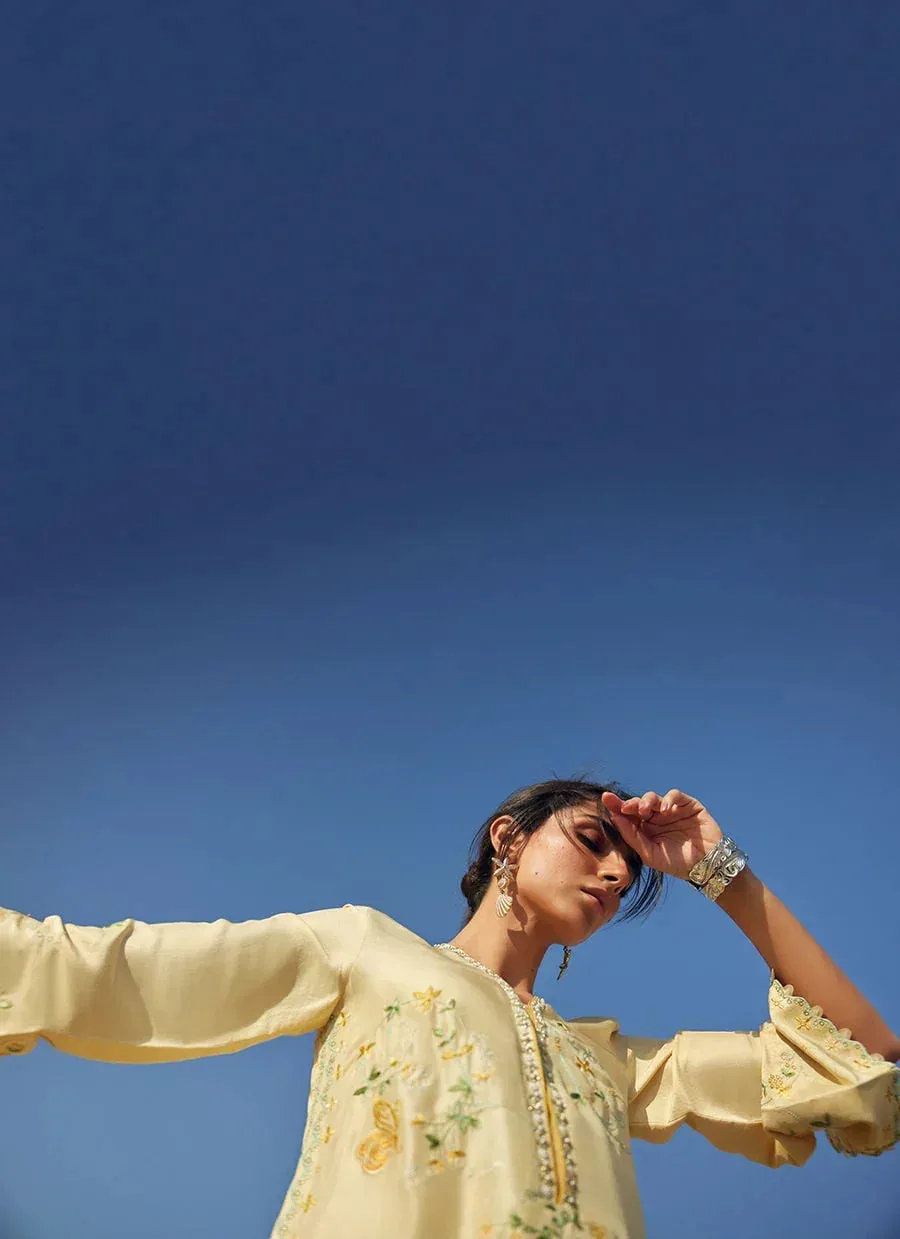 Farah Talib Aziz Laani The Kaftan Edit Pale Yellow Raw Silk – view 3 – Poshaq