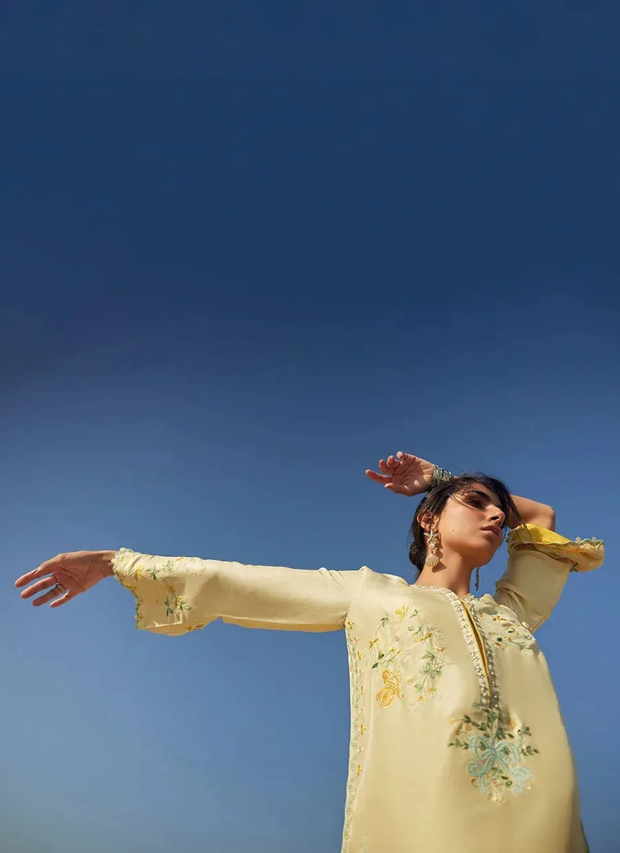 Farah Talib Aziz Laani The Kaftan Edit Pale Yellow Raw Silk – view 4 – Poshaq