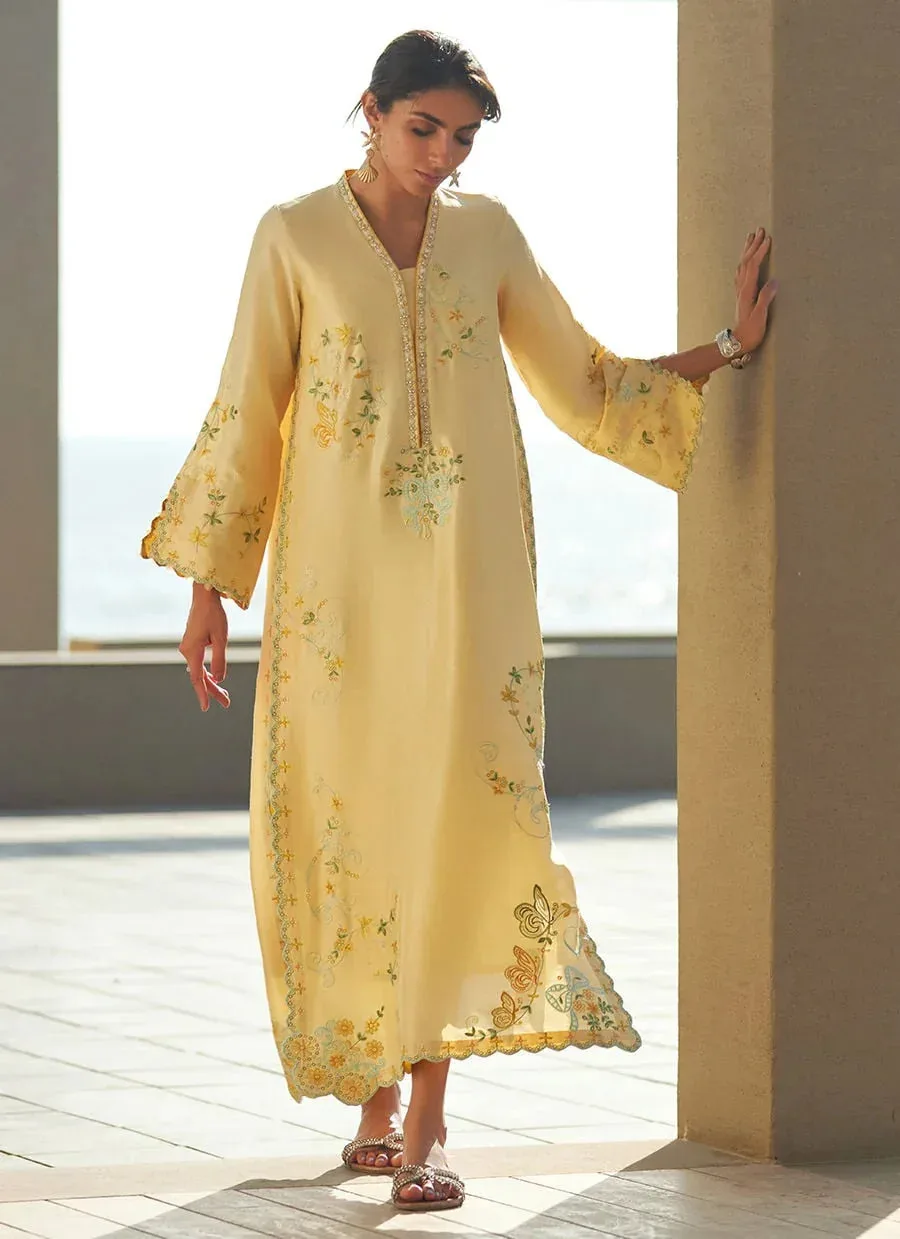 Farah Talib Aziz Laani The Kaftan Edit Pale Yellow Raw Silk – view 5 – Poshaq