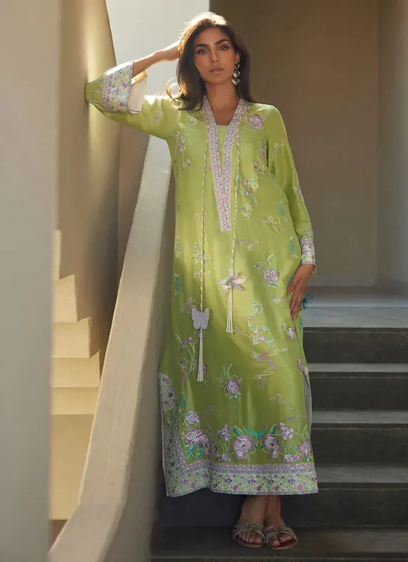 Farah Talib Aziz Laani The Kaftan Edit Apple Green Raw Silk – view 1 – Poshaq
