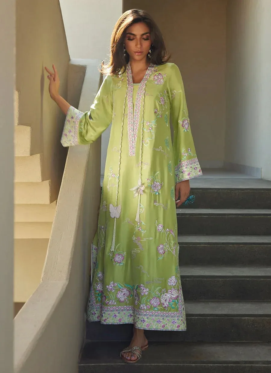 Farah Talib Aziz Laani The Kaftan Edit Apple Green Raw Silk – view 3 – Poshaq