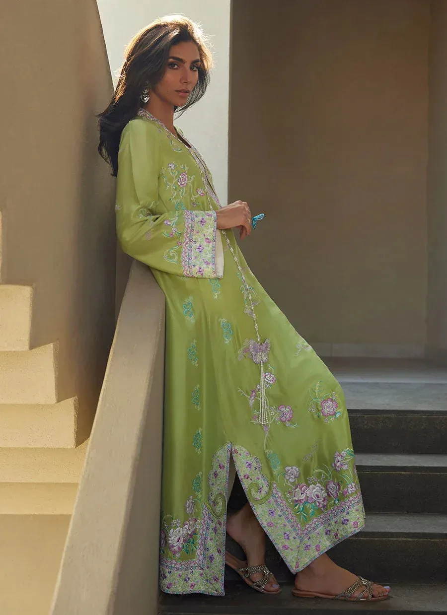 Farah Talib Aziz Laani The Kaftan Edit Apple Green Raw Silk – view 4 – Poshaq