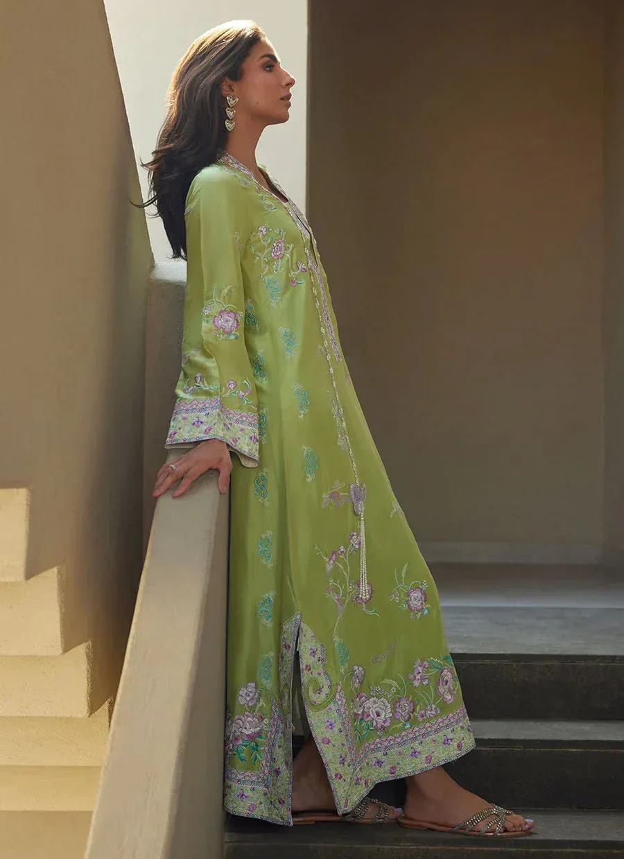 Farah Talib Aziz Laani The Kaftan Edit Apple Green Raw Silk – view 5 – Poshaq