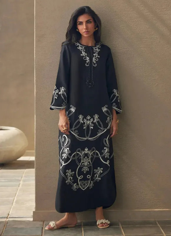 Farah Talib Aziz Laani The Kaftan Edit Black Raw Silk – view 1 – Poshaq
