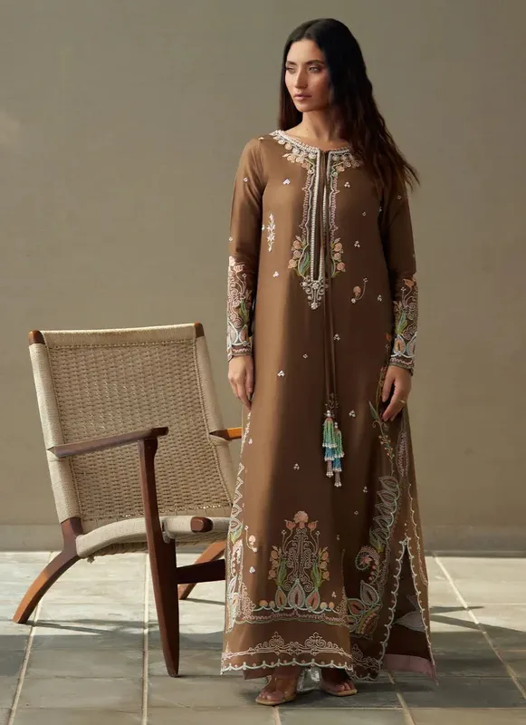 Farah Talib Aziz Laani The Kaftan Edit Coffee Raw Silk – view 1 – Poshaq