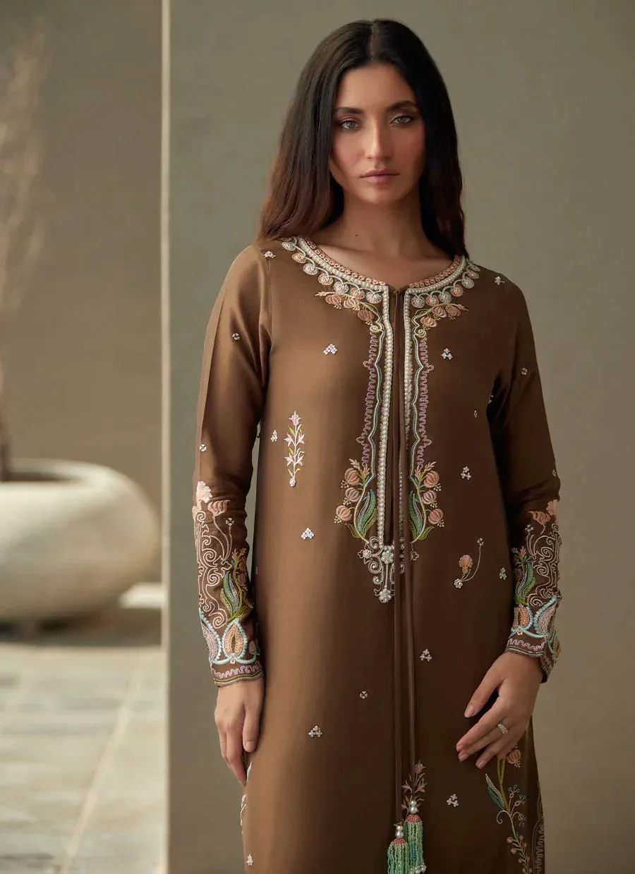 Farah Talib Aziz Laani The Kaftan Edit Coffee Raw Silk – view 3 – Poshaq