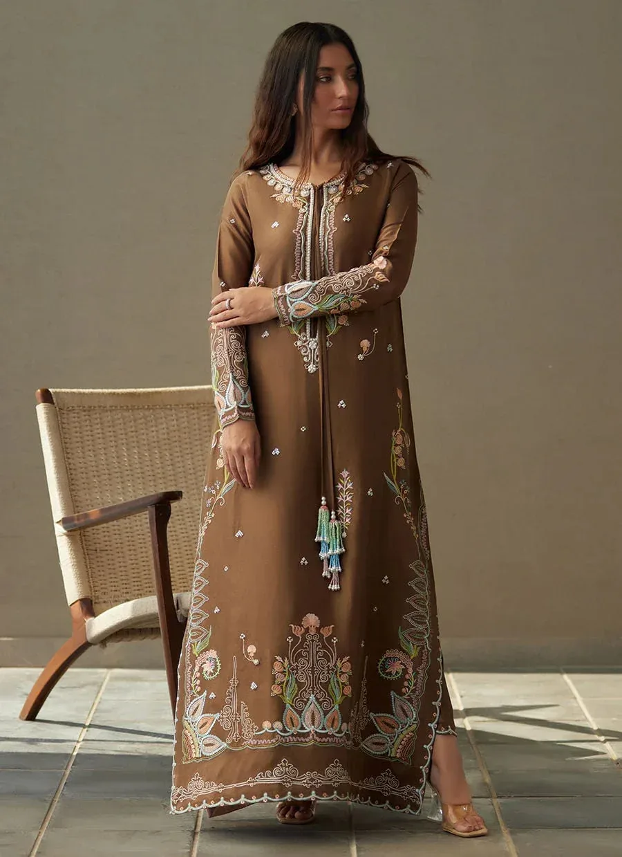 Farah Talib Aziz Laani The Kaftan Edit Coffee Raw Silk – view 4 – Poshaq
