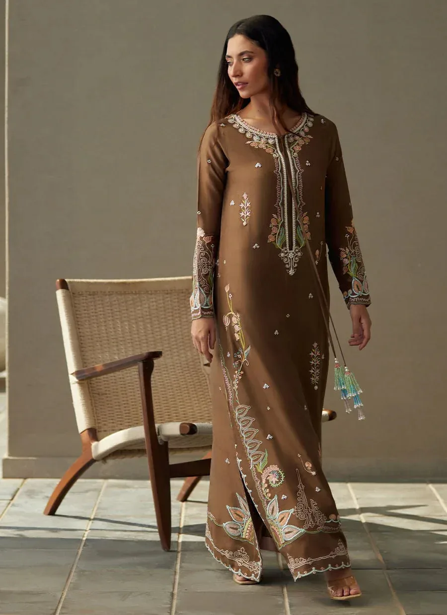 Farah Talib Aziz Laani The Kaftan Edit Coffee Raw Silk – view 5 – Poshaq