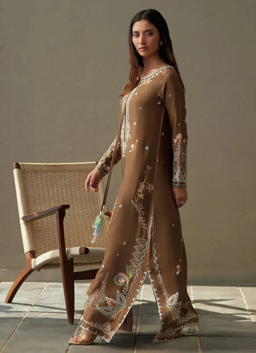 Farah Talib Aziz Laani The Kaftan Edit Coffee Raw Silk – view 6 – Poshaq